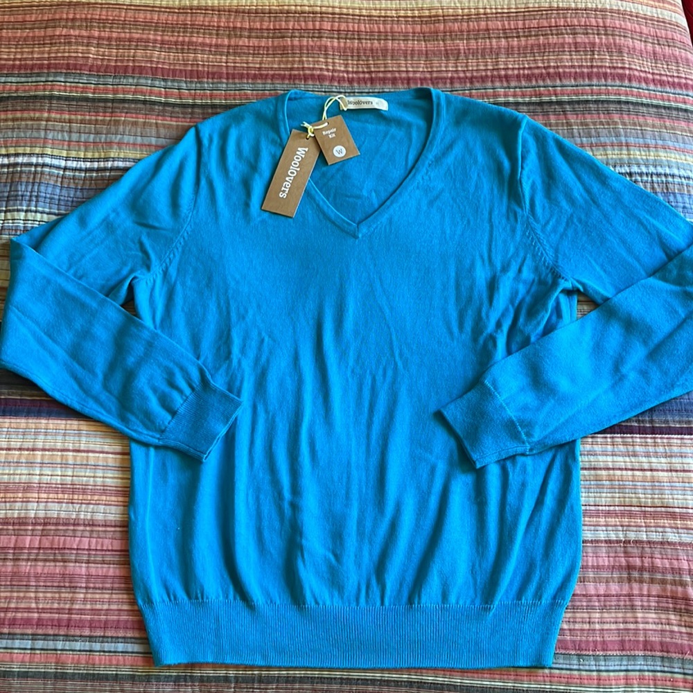 Women’s Woolovers Organic Cotton/Cashmere V-neck Sweater, turquoise size med NWT
